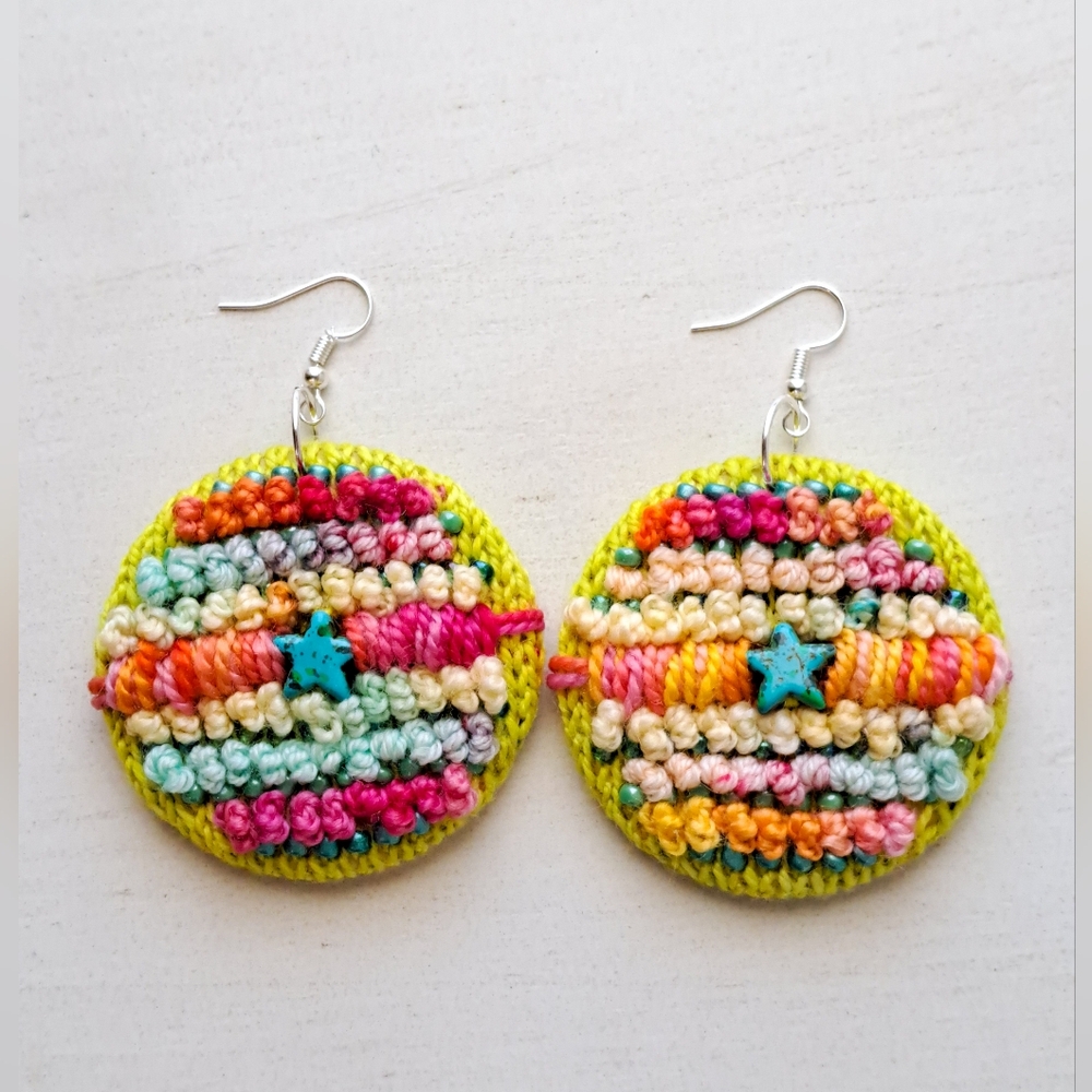 Hand Crafted Multicolor Crochet Round Earrings with Teal Star Accent - Picture 2 of 16